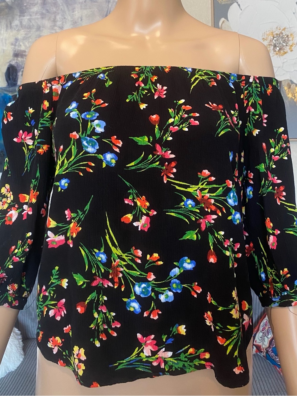 U2B Floral Off-Shoulder Black Tunic Top
